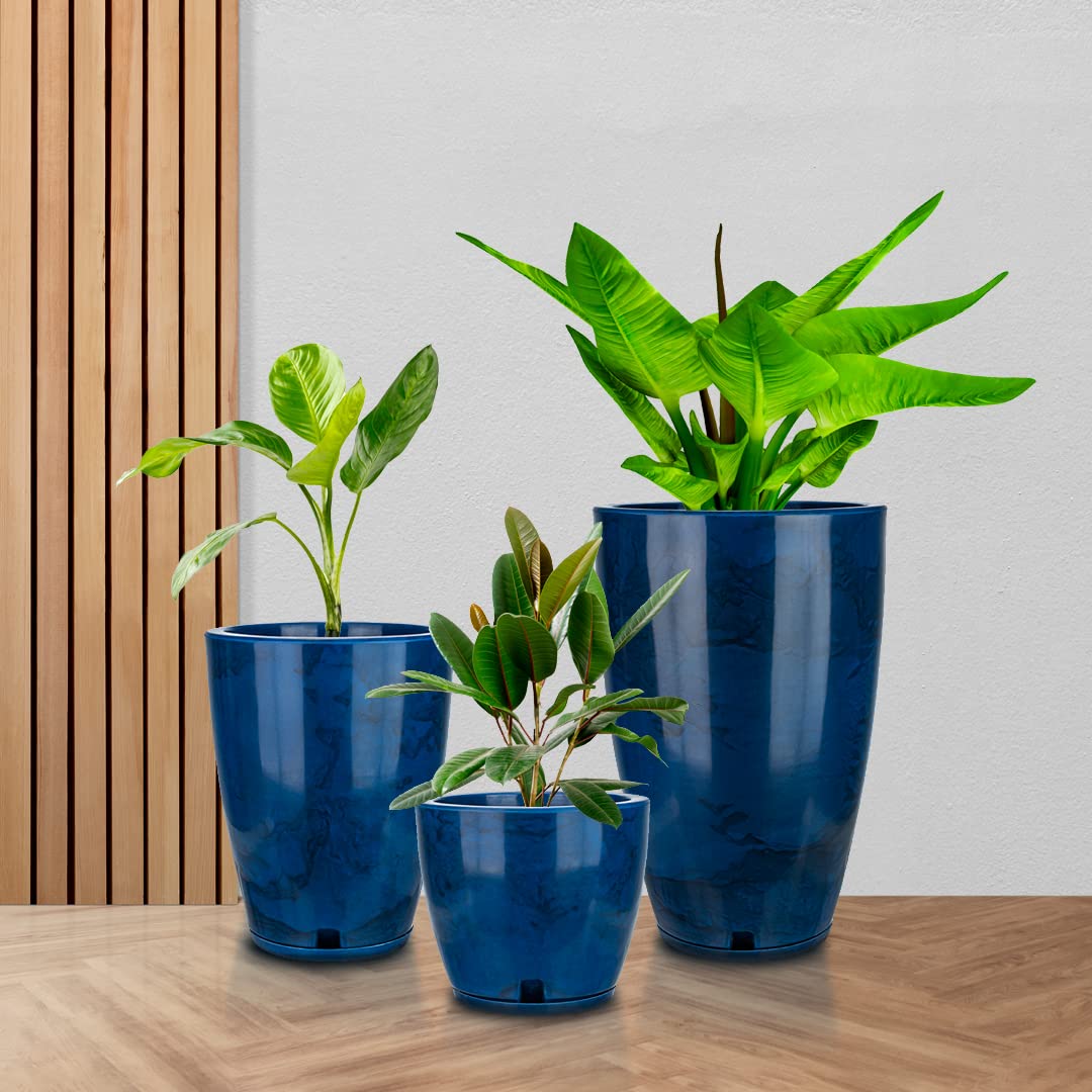 FLORIDIS Plastic Plant Pot, Blue Marble Effect, Set of 3 (11+17+25 inch) with Drainage Hole and Saucer. Outdoor and Indoor Set of Black planters for patios, Front Porch.