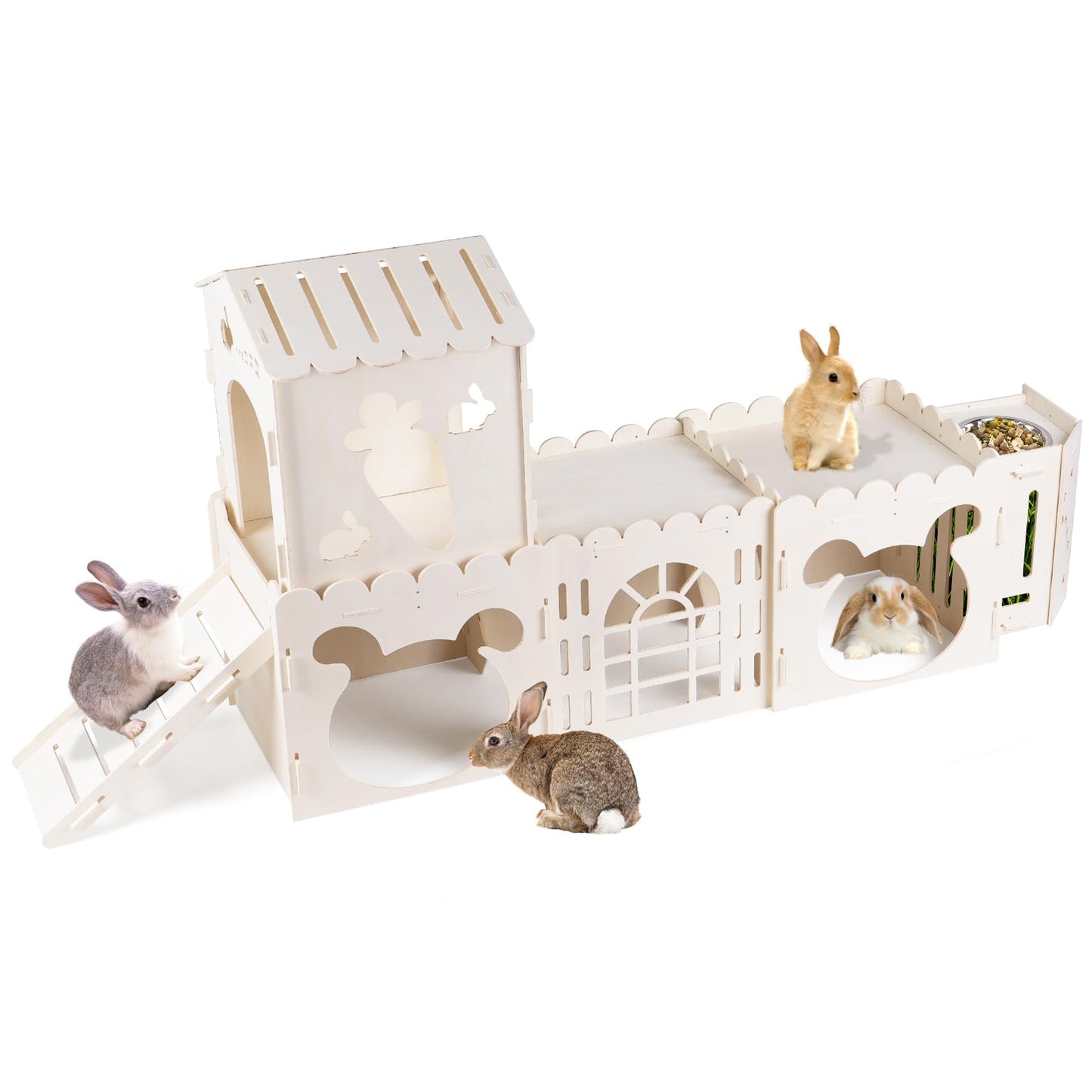 Extra Large Rabbit House, Wooden Bunny House Hideout with 4 Houses and Hay Feeder Indoor, Rabbit Guinea Pig Hideout Multistory Climbing Tower Sturdy Wooden Castle, Small Animal Hideaway Tunnel