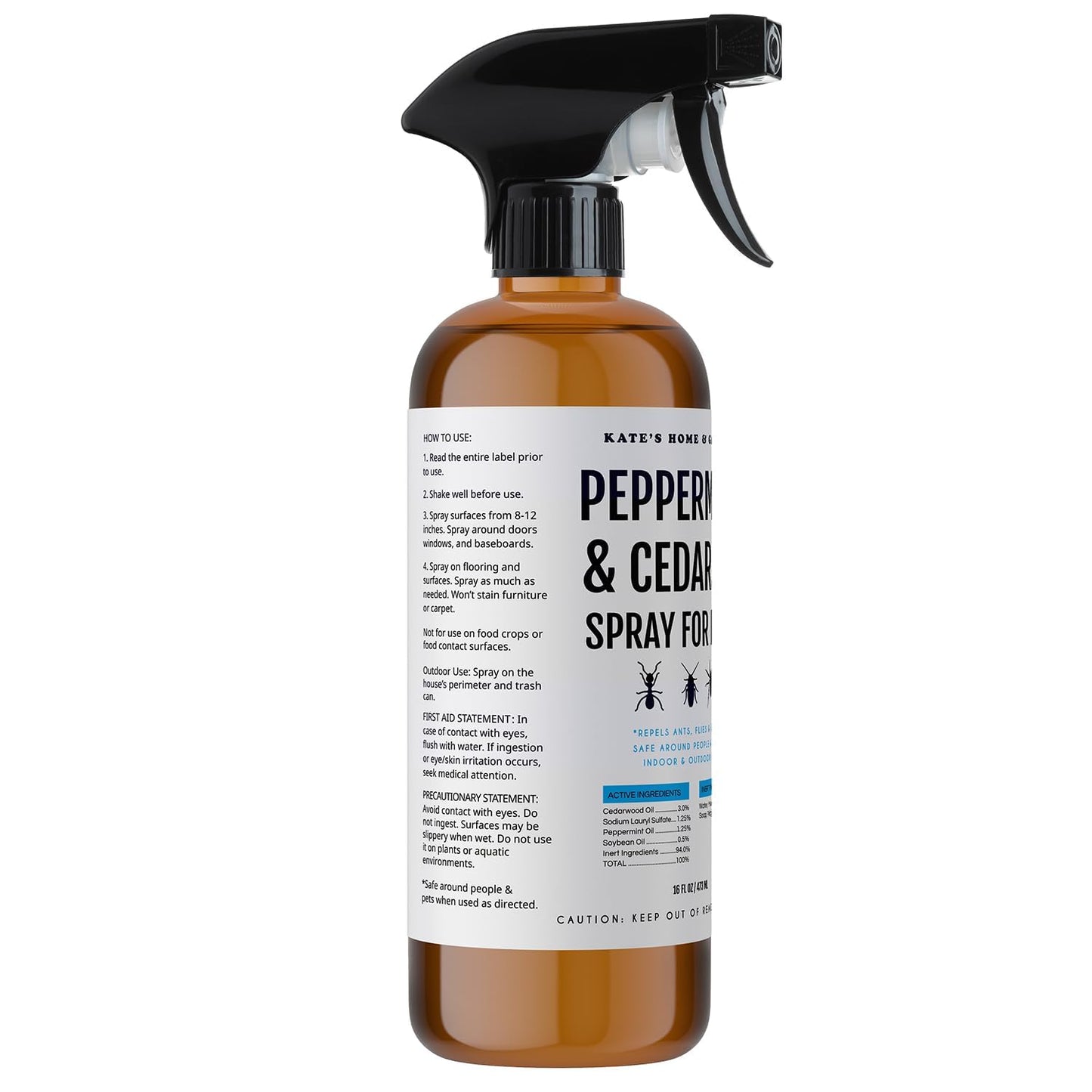 Kate's Home & Garden Peppermint Oil Spray for Bugs, Ants, Insects, Spiders. Pesticide and Insecticide Indoor Repellent Pest Control with Cedarwood Oil (16oz, Natural, Pet Safe, Non Toxic)