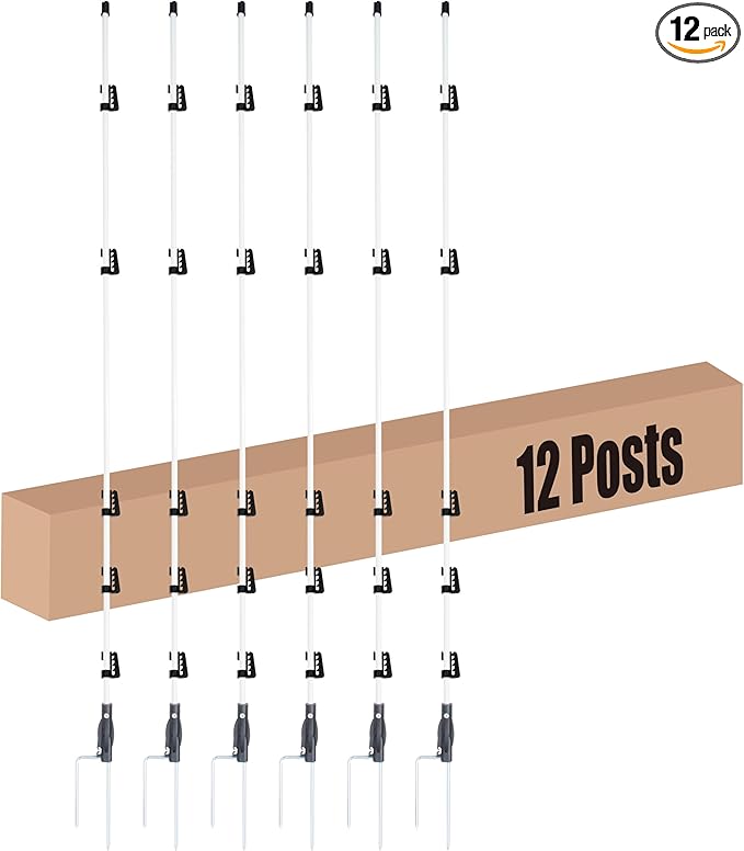 60'' Fiberglass Electric Fence Posts with Double Spikes for Animals, Garden Protection, etc. - 12 Posts Come with 60 Clips