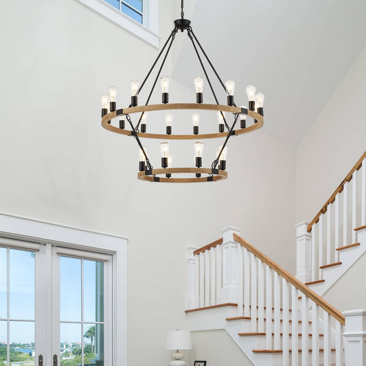 brfaixla 2-Tiers Natural Wagon Wheel Wood Chandelier Farmhouse 24-Light(16+8) 43.34’’, Black Metal Chandeliers 2-Story Rustic Light Fixtures for High Ceiling Living Dining Room Foyer