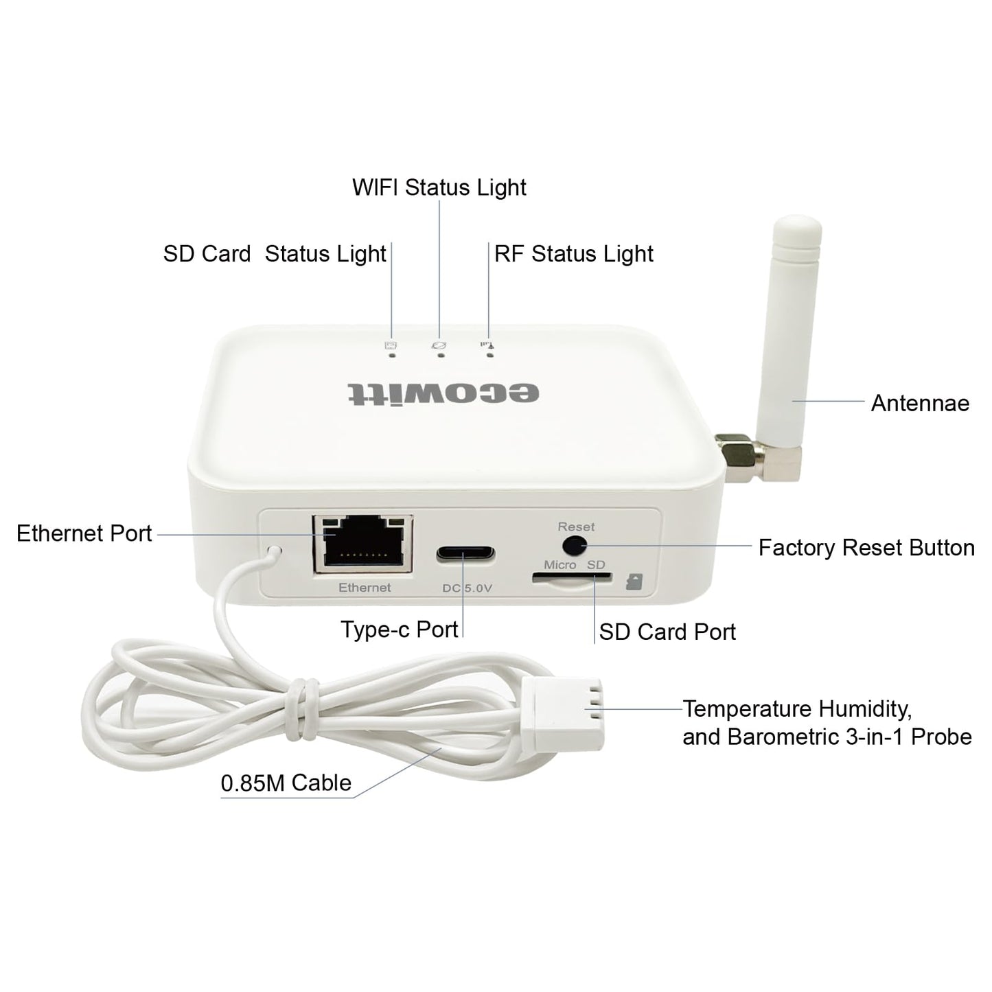 ECOWITT Soil Moisture Tester Kit, Includes GW3000 Wi-Fi&Ethernet Gateway and WH51BL Soil Moisture Sensor with 1m Wire Probe, with SD Card Port, 915 MHz