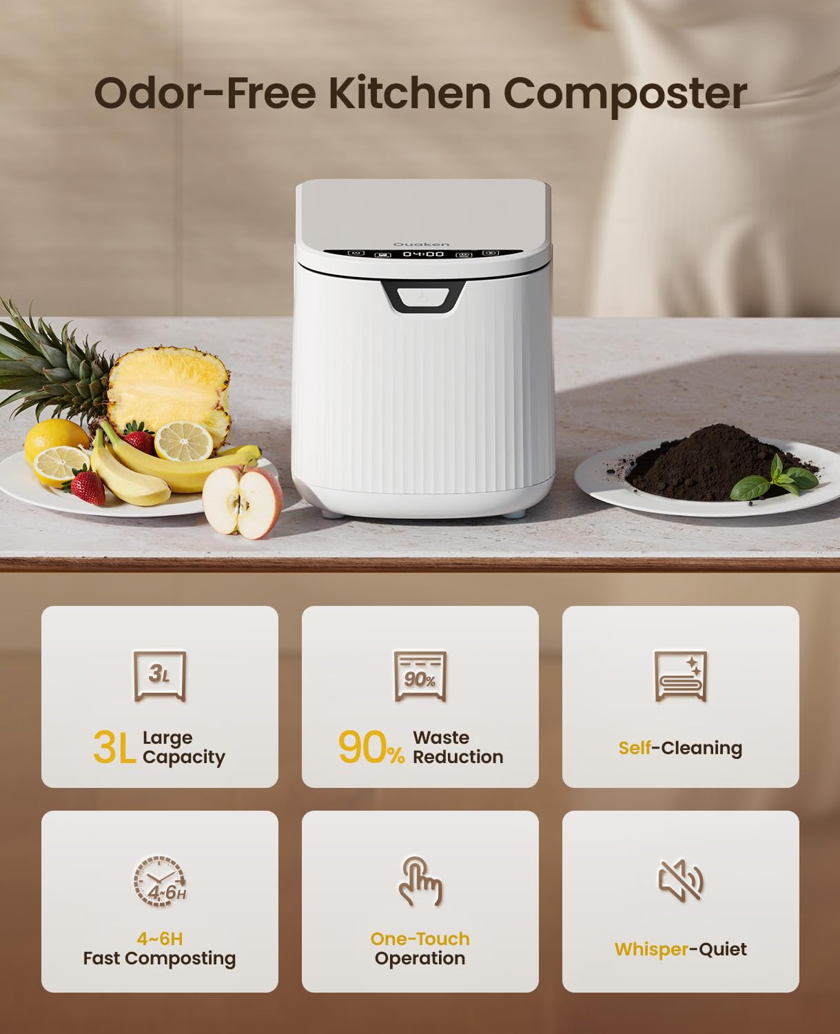 Electric Kitchen Composter,Ouaken 3L Indoor Food Waste Compost Machine Countertop Smart Composting Bin,4-6H Fast Compact Food Recycler for Home with Low Noise,Odorless,Auto-Clean