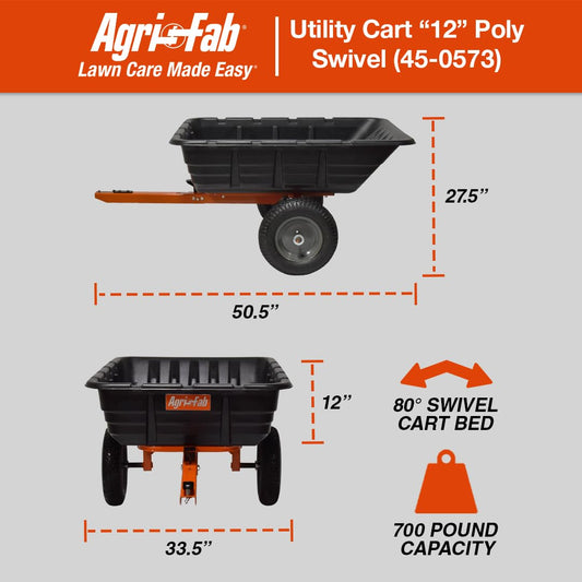 Agri-Fab 45-0573 700 lbs Tow Behind Poly Dump/Swivel Cart; Lawn & Garden Cart/Trailer for Lawn Mowers, 16" Pneumatics Tires, Easy to Use Foot Dumping Mechanism