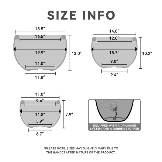 Kante 19.9",15.7",11.8" Dia Round Concrete Planter Set of 3, Outdoor/Indoor Large Bowl Plant Pots with Drainage Hole and Rubber Plug for Garden Patio Balcony Home, Gray