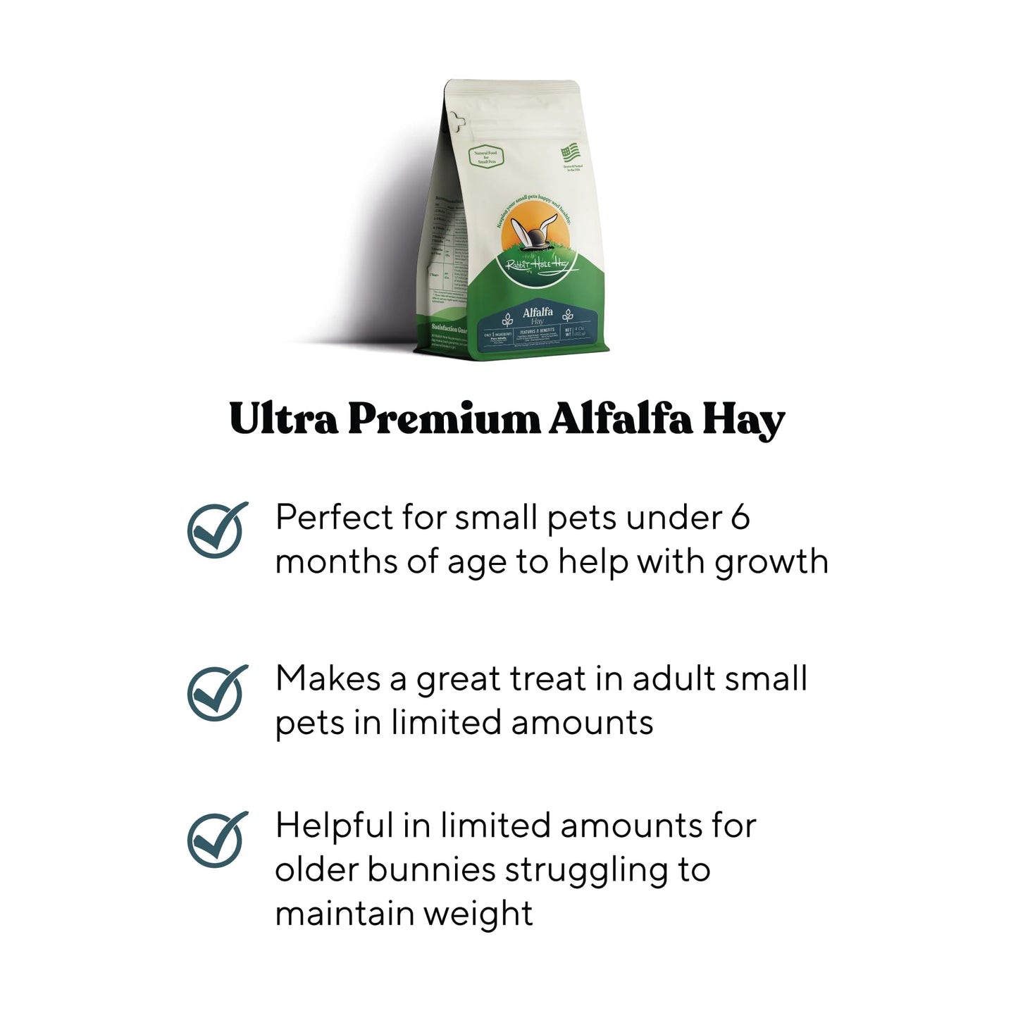 Rabbit Hole Hay - Ultra Premium Alfalfa Hay for Small Pets - 12 oz - Hand-Sorted & Fresh