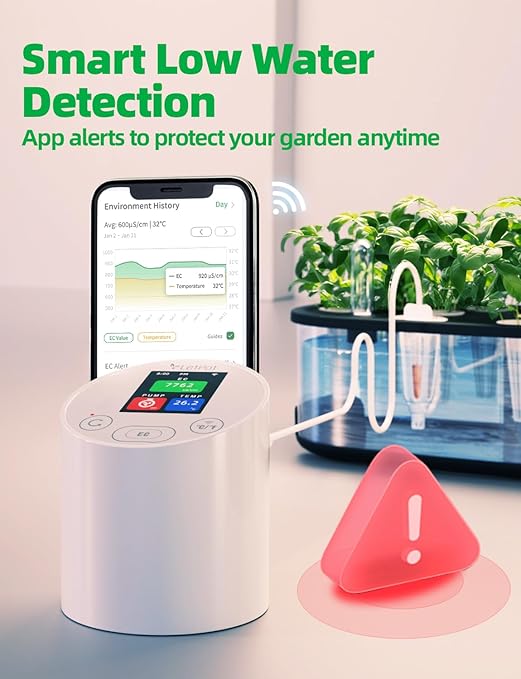 LetPot EC & Temperature Meter with APP and Water Pump Multi-Layer Electroplated Probe, Water Shortage Reminder, Conductivity Meter for Hydroponic System and Indoor Plant Grow (with Pump)