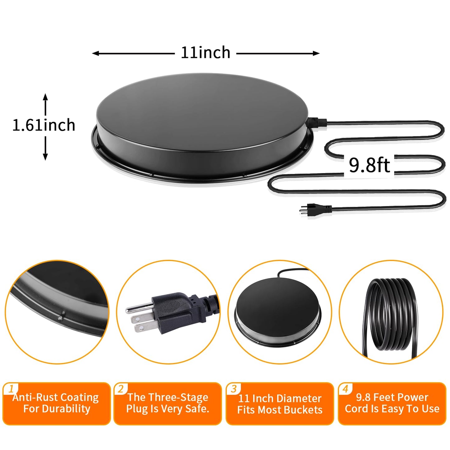 Chicken Water Heater for Winter, 110Watt Thermostat Heated Poultry Waterer Base with 9.8ft Power Cord，Suitable for Poultry Waterer (Black, 11INCH-2PACK)