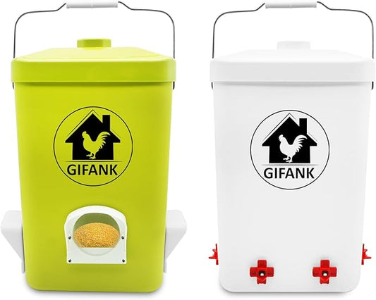 Chicken Feeder and Waterer Set,3 Gallon Automatic Chicken Feeder No Waste,Hanging Poultry Waterer Feeder Kit with Chicken Waterer Nipples and Feeding Ports,Chicken Coop Accessories