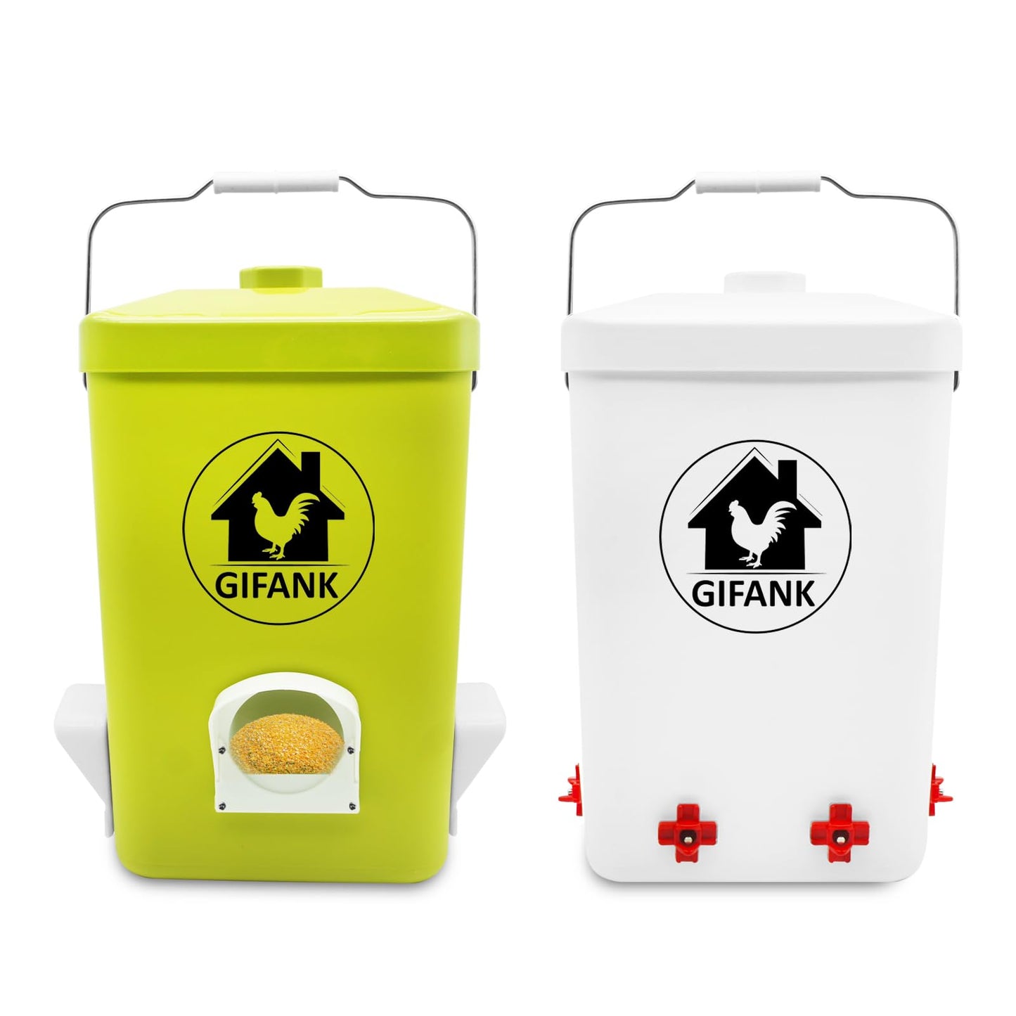 GIFANK Chicken Feeder and Waterer Set,3 Gallon Automatic Chicken Feeder No Waste,Hanging Poultry Waterer Feeder Kit with Chicken Waterer Nipples and Feeding Ports,Chicken Coop Accessories