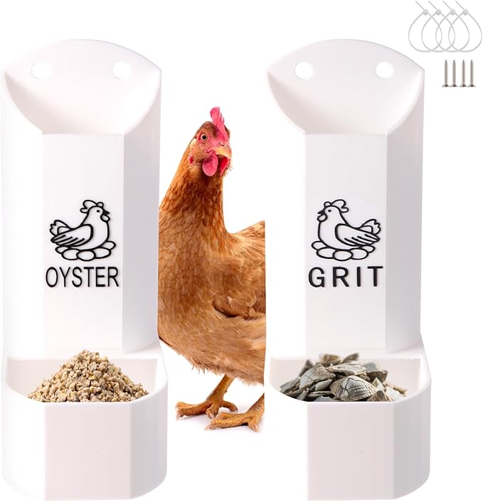 Hanging Chicken Oyster Shell and Grit Feeder Combo - Automatic Gravity Feed Dispenser, No Waste Design for Poultry Supplies, Baby Chicks, Ducks, and Quail | Chicken Coop Accessory and Feed Kit