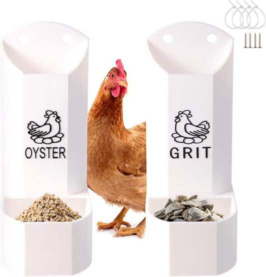 Hanging Chicken Oyster Shell and Grit Feeder Combo - Automatic Gravity Feed Dispenser, No Waste Design for Poultry Supplies, Baby Chicks, Ducks, and Quail | Chicken Coop Accessory and Feed Kit