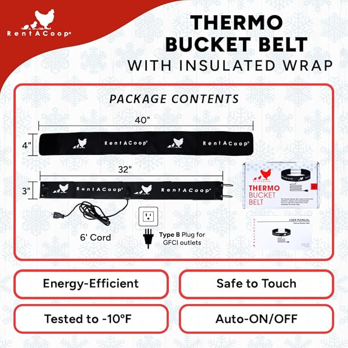 RentACoop Thermo Bucket Belt Heated Strap for 2-5Gal Bucket Chicken Waterers with 6ft Power Cord