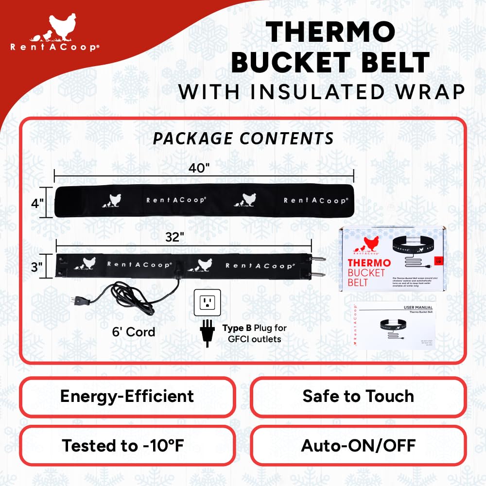 RentACoop Thermo Bucket Belt Heated Strap for 2-5Gal Bucket Chicken Waterers with 6ft Power Cord
