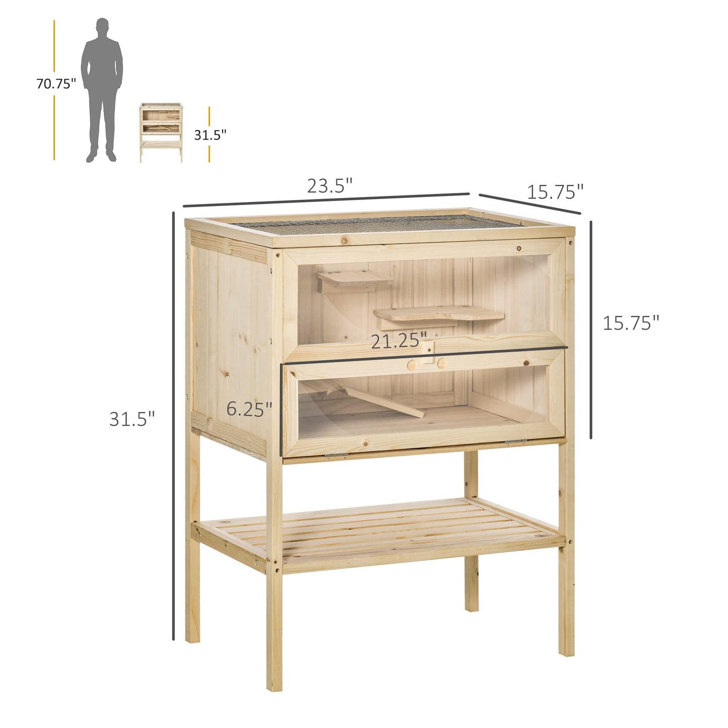 PawHut 3-Tier Wooden Hamster Cage Mice and Rat Cage Small Animals Hutch with Openable Top, Front Door, Storage Shelf, Natural Wood