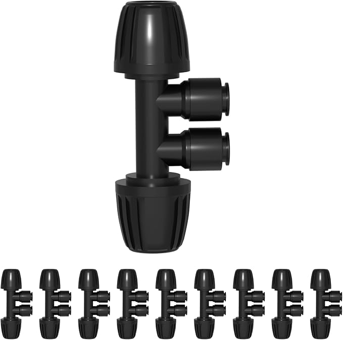 Bonviee 10 Pack 1/2” to 1/4” Reducing Tee Connectors, Split 1/2” Tubing into Two 1/4” Branches, Push-to-Connect Quick Install Drip Irrigation Fittings, Leak-Proof Adapter for Garden, Lawn, Greenhouse