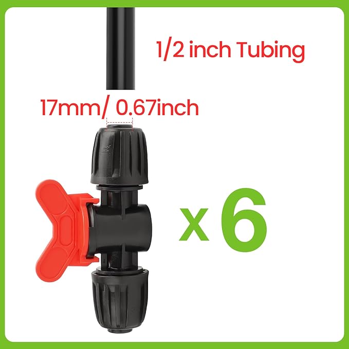 Bonviee 6 Packs 1/2” Drip Irrigation Shut Off Valve, in-Line Barbed Locking Valve for 1/2 Inch Tubing, Water Flow Control for Garden, Greenhouse, Raised Bed Systems