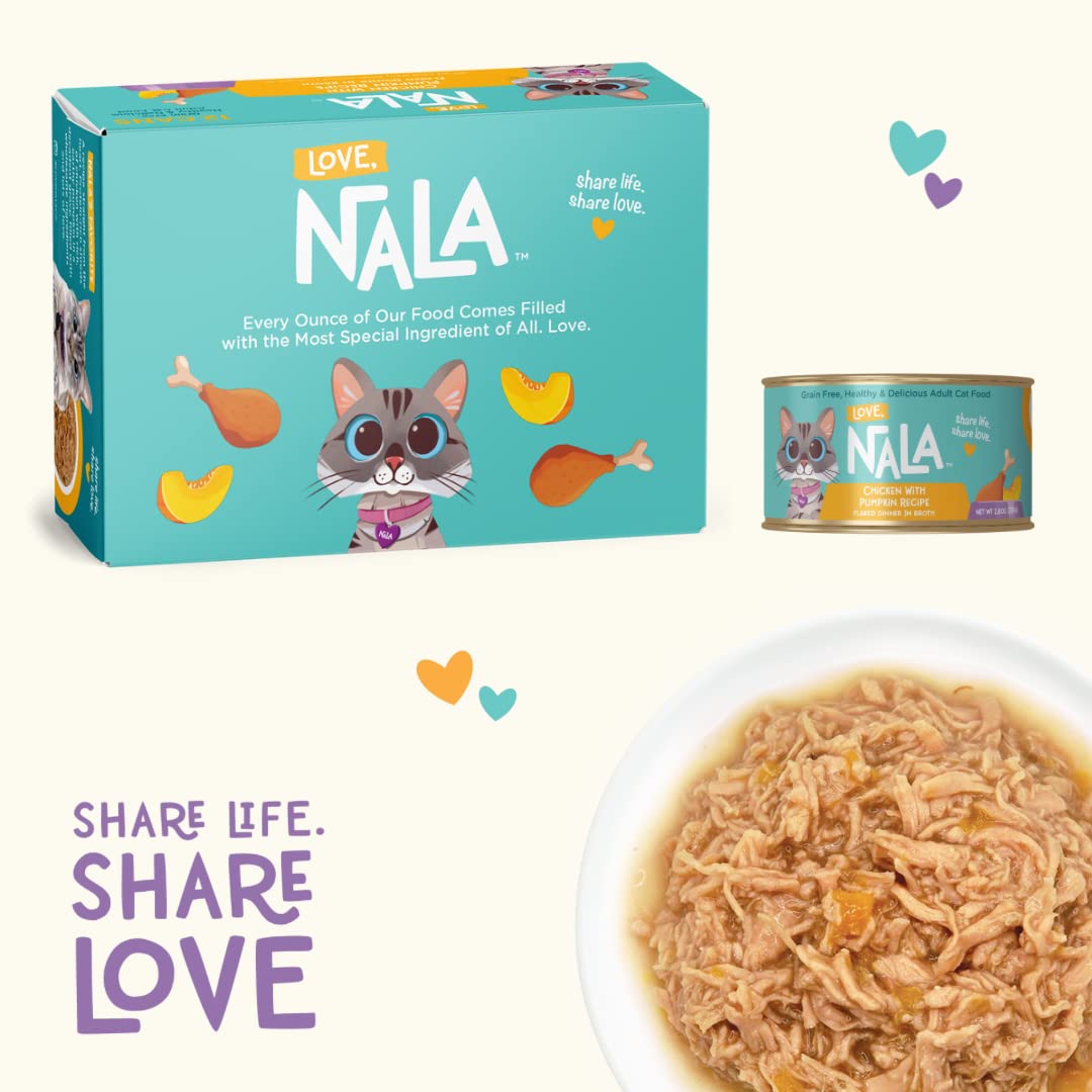 LOVE, NALA - Natural Adult Cat Wet Food - FLAKED Chicken with Pumpkin in Broth - Grain Free, Non-GMO, Digestive Fiber, Vitamins, Minerals - 12 Pack 2.4 lbs.