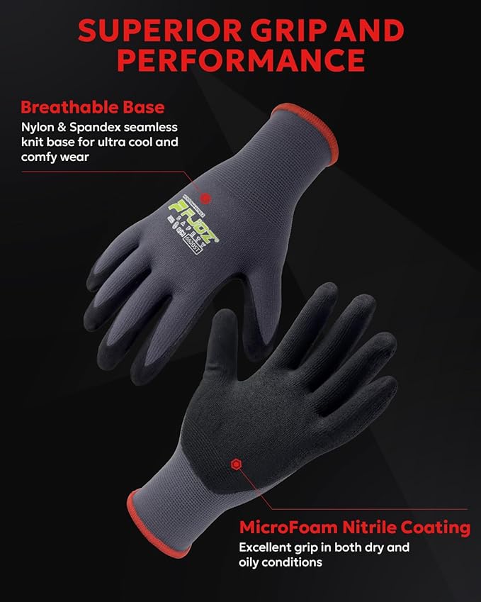 Work Gloves with Grip,12 Pairs Thin Breathable MicroFoam Nitrile Coated Durable Touchscreen Glove Men Women