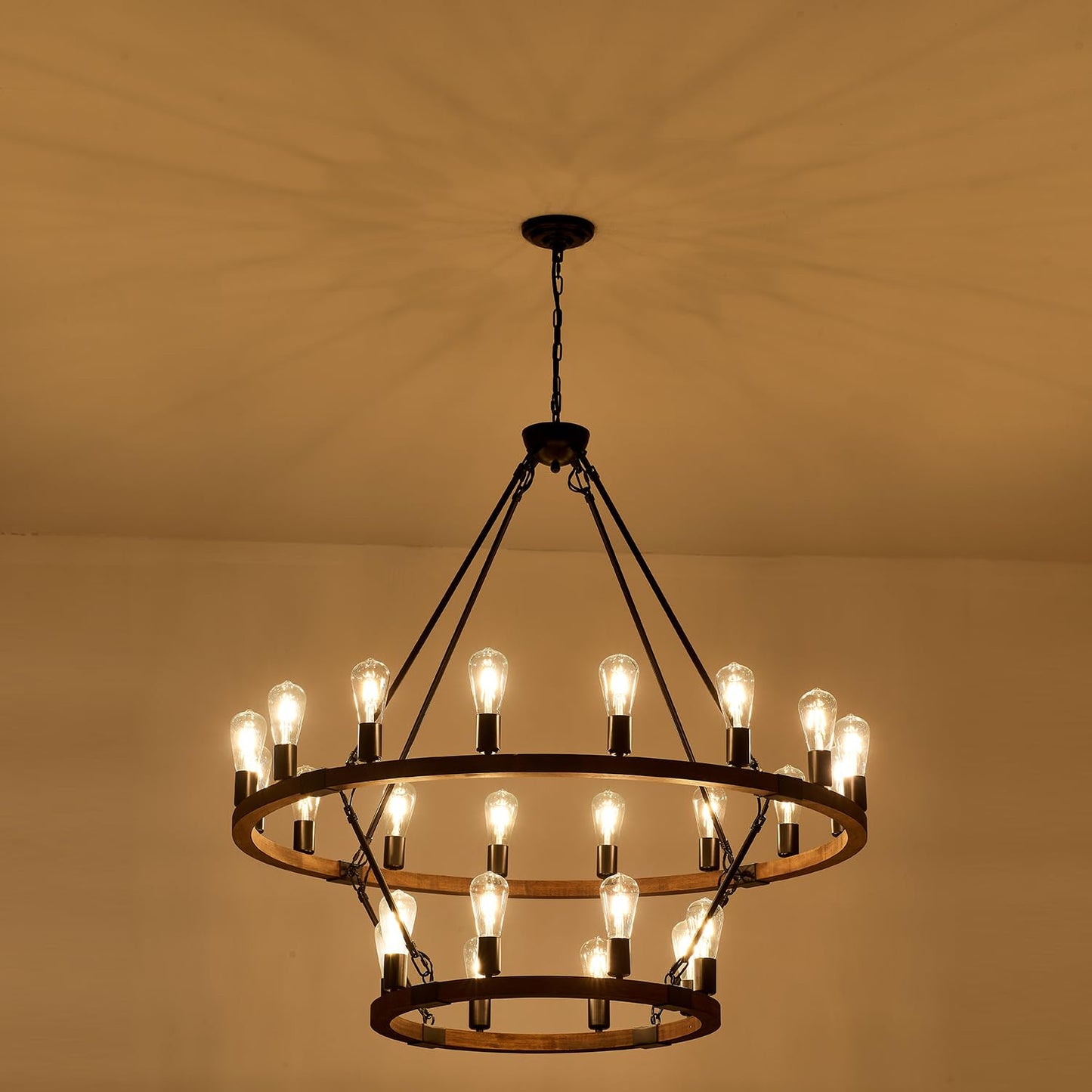 brfaixla 2 Tiers Wagon Wheel Chandelier Wooden Farmhouse 24-Light(16+8) 43.34’’ Brown, Black Metal Chandeliers 2-Story Rustic Light Fixtures Industrial for High Ceiling Living Dining Room Foyer
