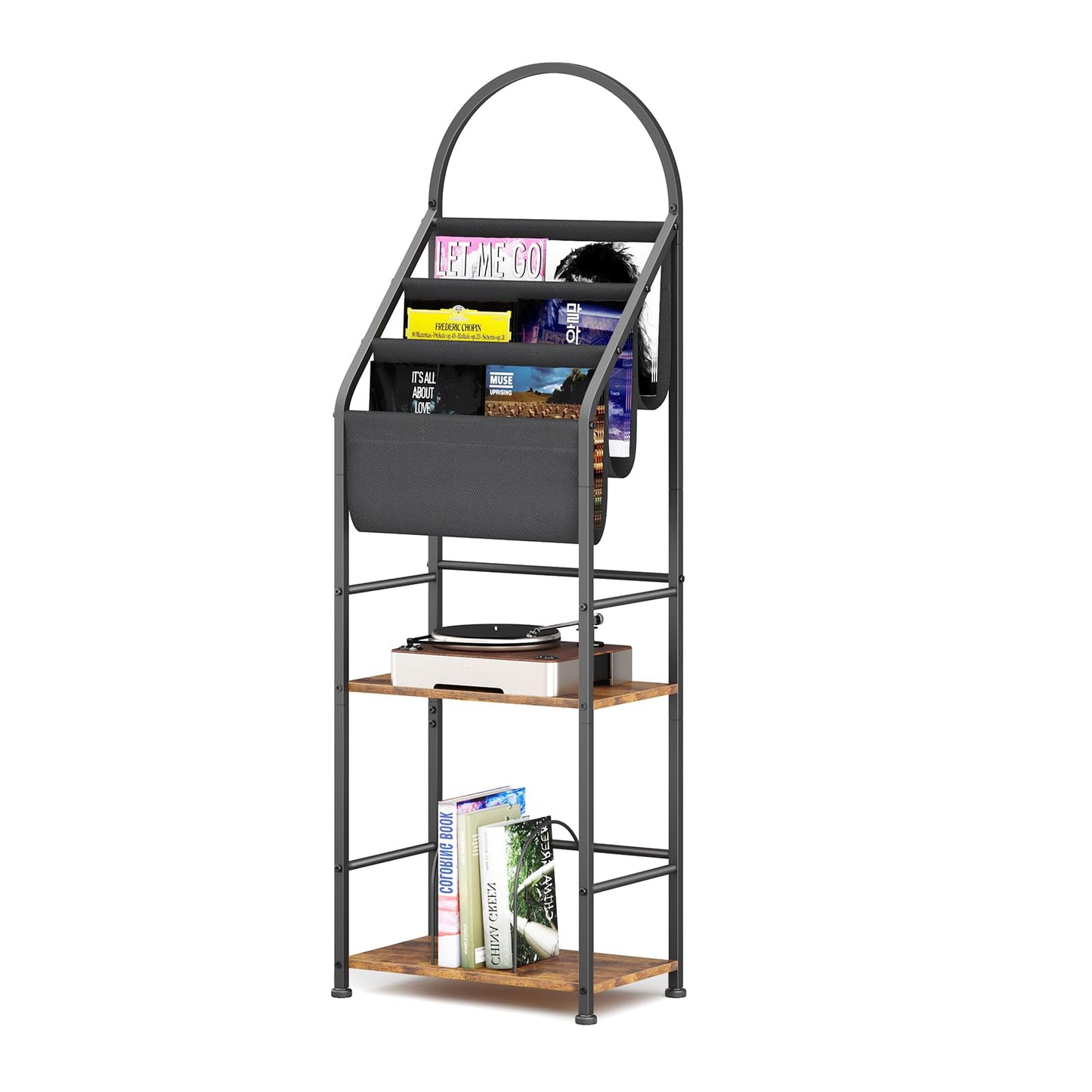 Leadpro Bookshelf with 3 Tier Vinyl Holder Display Shelf, Record Storage Organizer Rack Cabinet for Book Magazine, Tall Industrial Open Book Shelves with Metal Frame for Living Room (Rustic Brown)