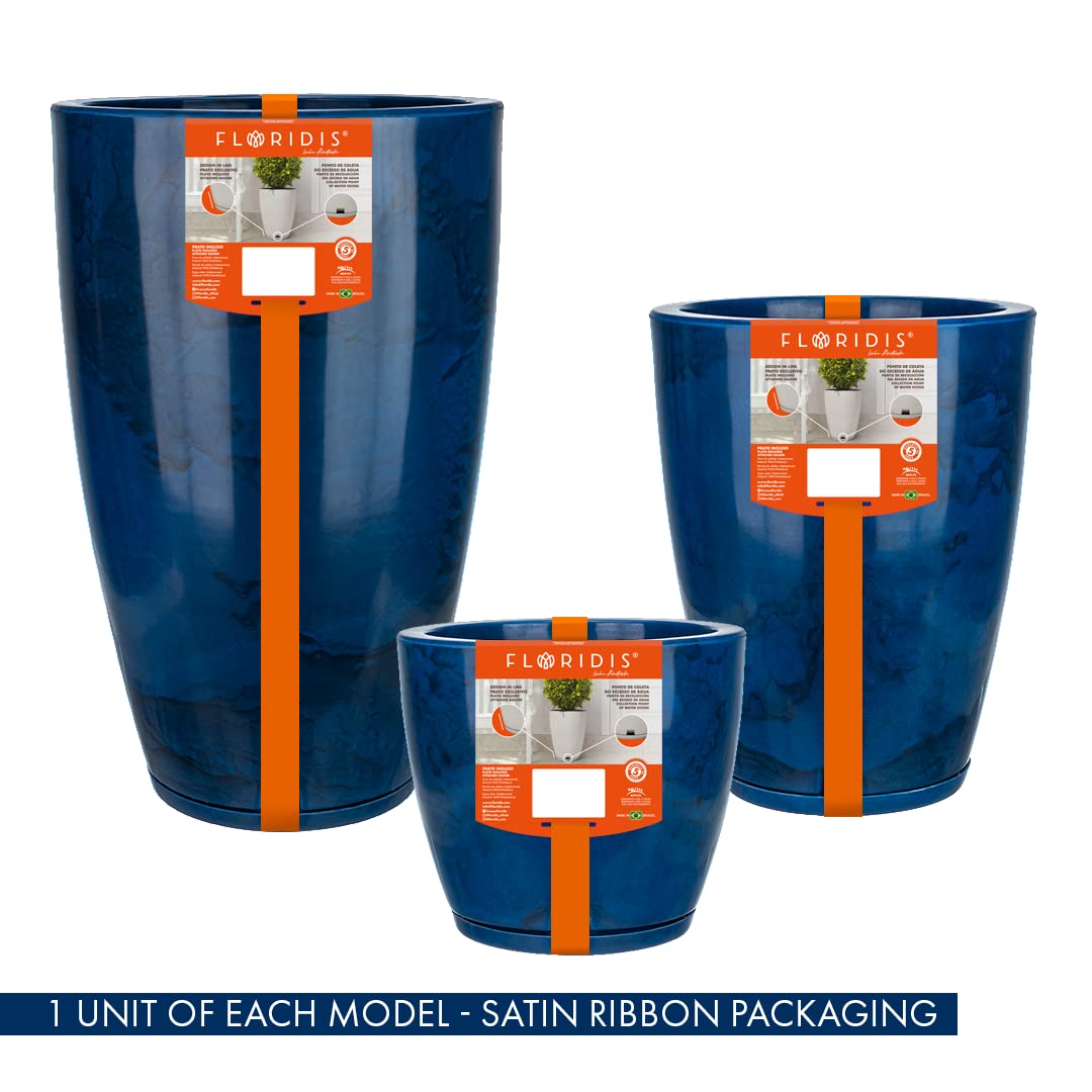 FLORIDIS Plastic Plant Pot, Blue Marble Effect, Set of 3 (11+17+25 inch) with Drainage Hole and Saucer. Outdoor and Indoor Set of Black planters for patios, Front Porch.