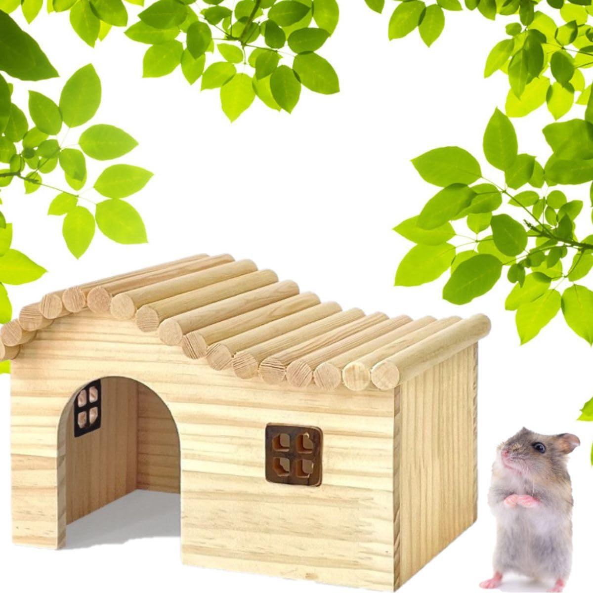 Guinea Pig Wood Hideout Hut with Window Small Animal Wooden House for Rat Chinchilla Hedgehog Hamster Rabbit Bunny (Small)