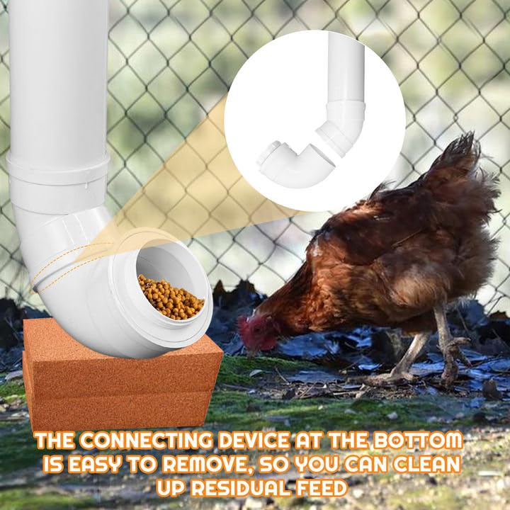BOUTICOL Automatic Chicken Feeder with 2 Covers Duty PVC Pipe No Waste Chicken Coop Feeder 6.6 Pounds Large Chicken Feeder Hanging Chicken Feeder