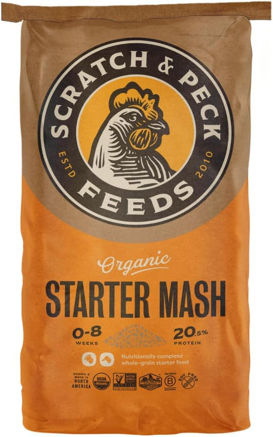 Scratch and Peck Feeds Whole Grain Starter Mash Chicken and Duck Feed - 40 lbs Bag - Corn-Free and Soy-Free - 20.5% Protein, Certified Organic and Non-GMO Project Verified Chicken Food
