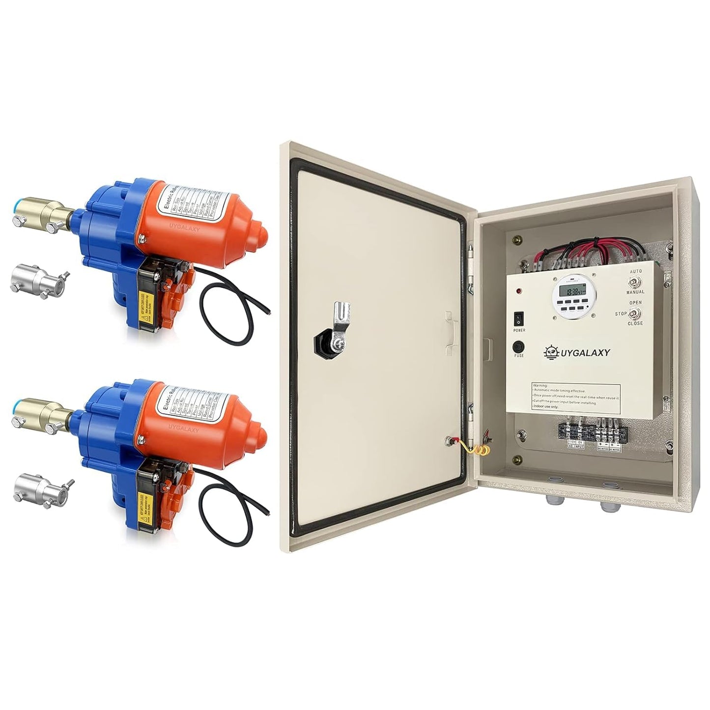 UYGALAXY Greenhouse Roll Up Motors with Limit Switch (2 Packs) + Automated Timer Controller Transformer Electric Box (AC110V to DC24V) for Top Greenhouses Ventilation, Automatic Venting Kit