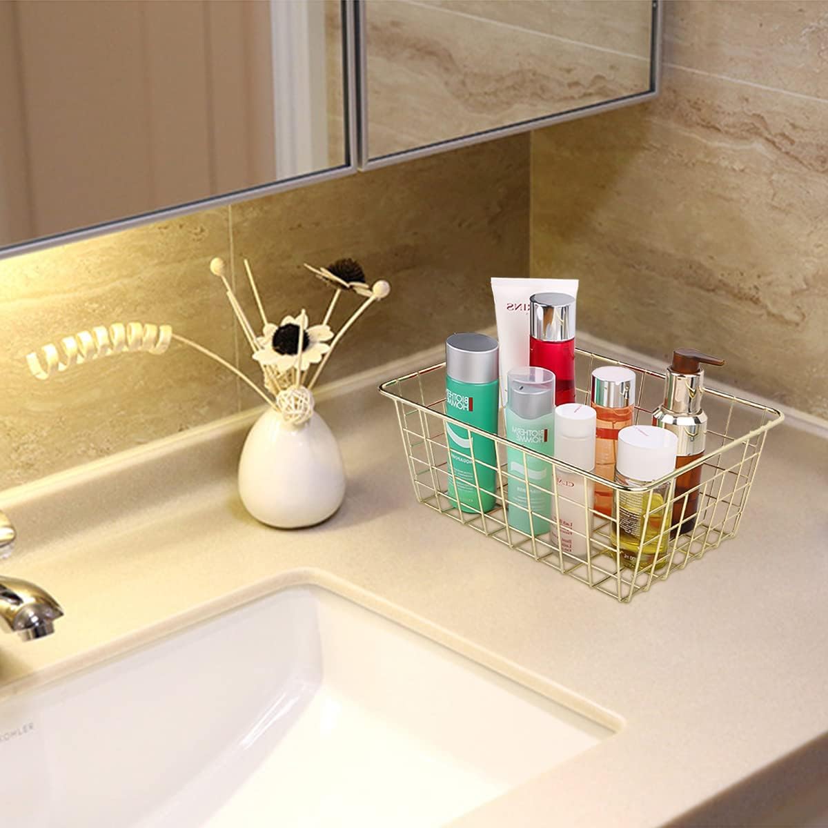 Tonxus 4pcs Wire Kitchen Storage Basket Farmhouse Metal Household Container Storage Organizer Bin Divider with Handle for Pantry,Shelf,Countertop,Refrigerator,Freezer,Cabinet (Gold)