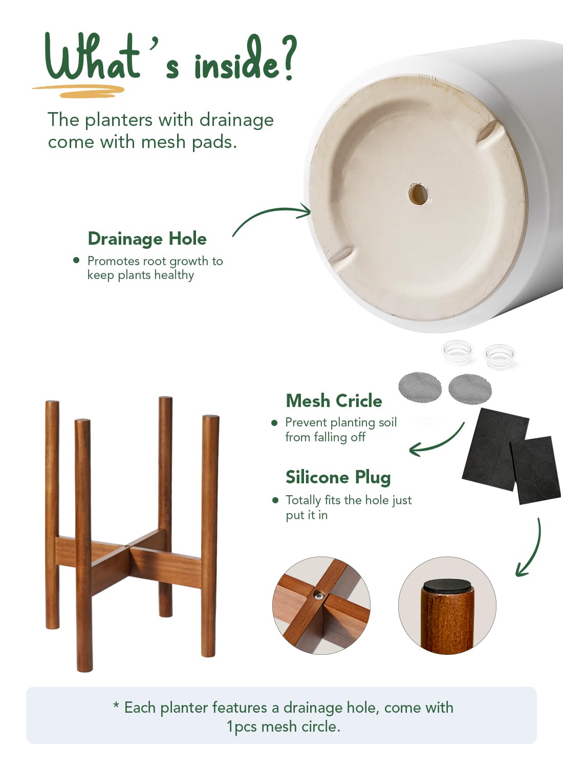 LE TAUCI Indoor Planter with Stand, 10 + 8 Inch, Set of 2, Ceramic Pot for Indoor Plants with Acacia Wood Holder, Mid-Century Modern Home Decor, Round Flower Pots with Drainage Hole, White