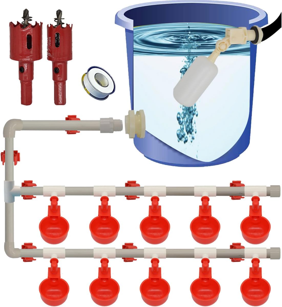 Complete Set Pipeline Automatic Chicken Nipple Waterer Cups and 1/2" PVC Tee Fittings Pipe Feeder Poultry Waterer Chicken Waterer pourtly Water Cup Durck Watering System