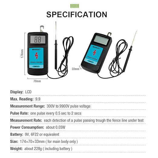 allsun Digital Electric Fence Tester Fault Voltage Meter, Auto On/Off for Pulse Detection 300V-9900V (9.9kV Display) Gardening Tool