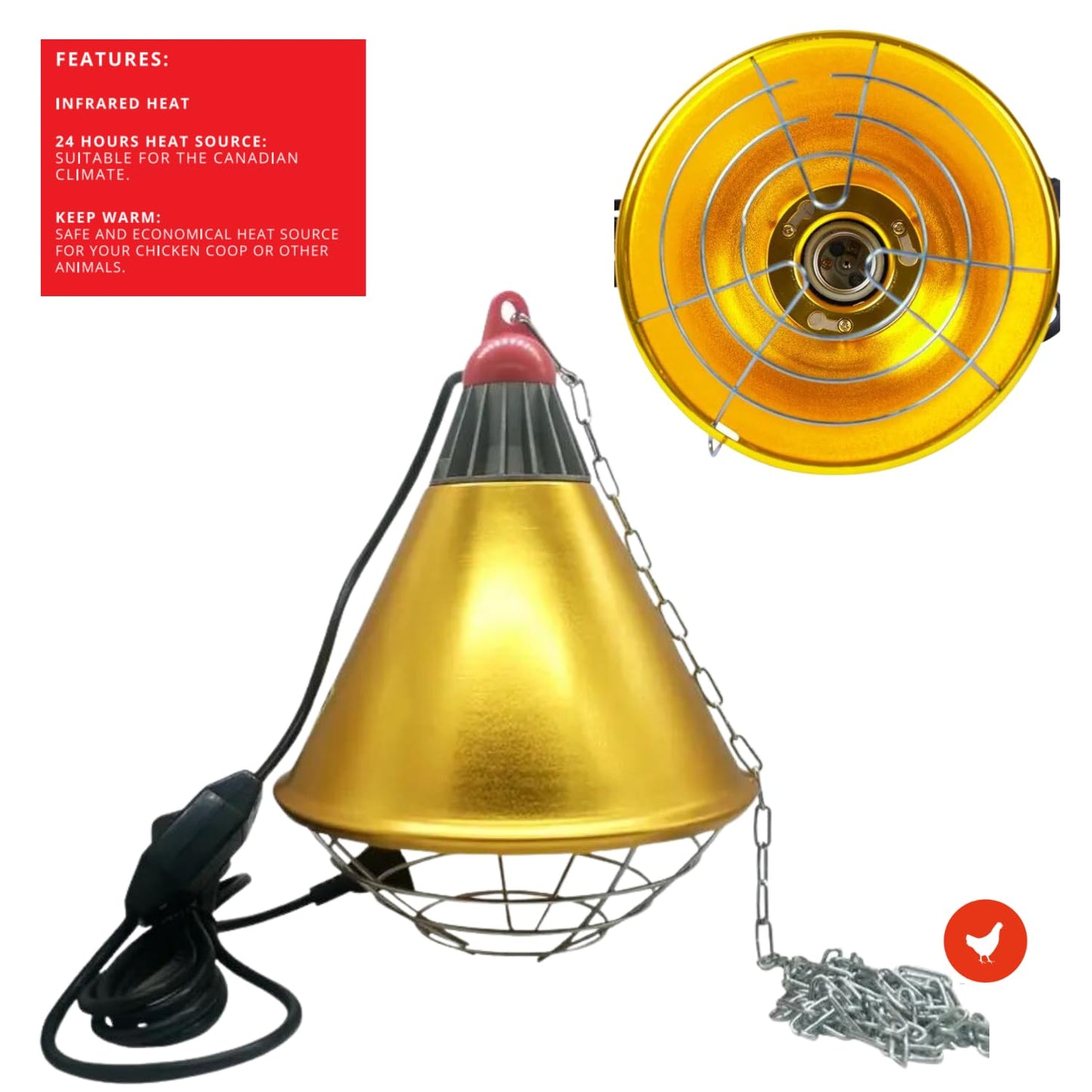 Ma poule express Heat Lamp Bulb with Aluminium Base – 2-Pcs Set of 8-inch Golden Base and 250W Infrared Light Bulb – Heating System for Chicken Coop, Aquarium