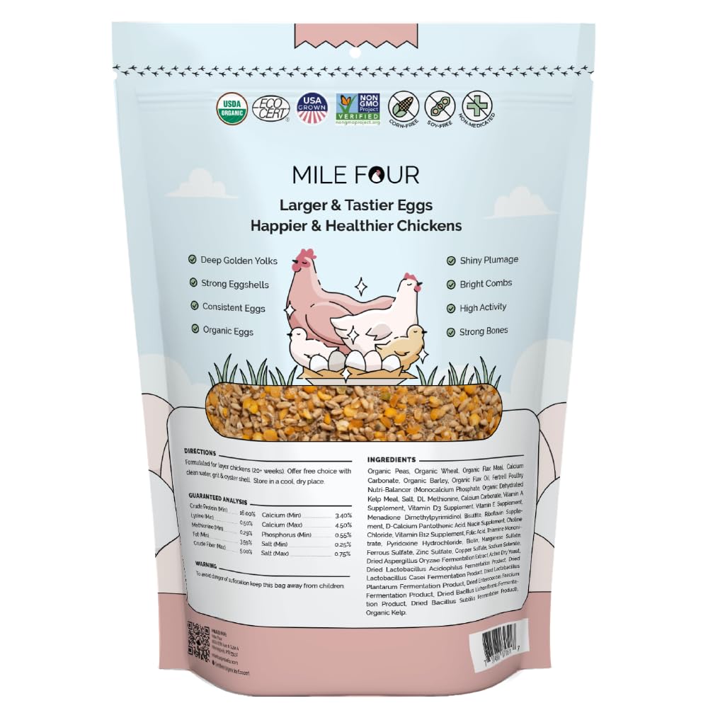 Mile Four Organic Chicken Feed – Layer Whole Grain, Non-GMO, USA Grown, 16% Protein, Corn-Free, Soy-Free, Non-Medicated Feed for Chickens, 2 lb Sample