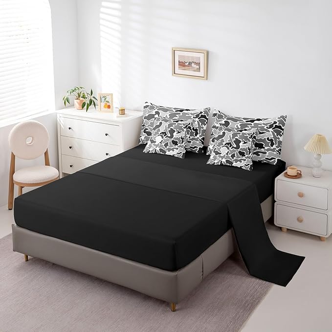 Feelyou Duck Hunter Grey Camouflage Hunting 7 Pieces Bedding Set, Queen Size Black Brown All Season,Bed in a Bag with Comforter, Sheets, Pillowcases Camo Army Bed Set Breathable Wild Room Decor