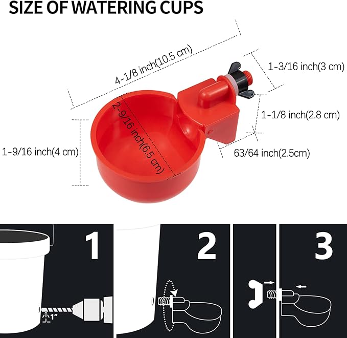Chicken Waterer Cups 24 Pack Automatic Chicken Water Cups for Poultry LANARP Float Style Gravity Chicken Watering System Poultry Water Feeder Kit Chicken Waterer 5 Gallon with Mounting Hole Opener