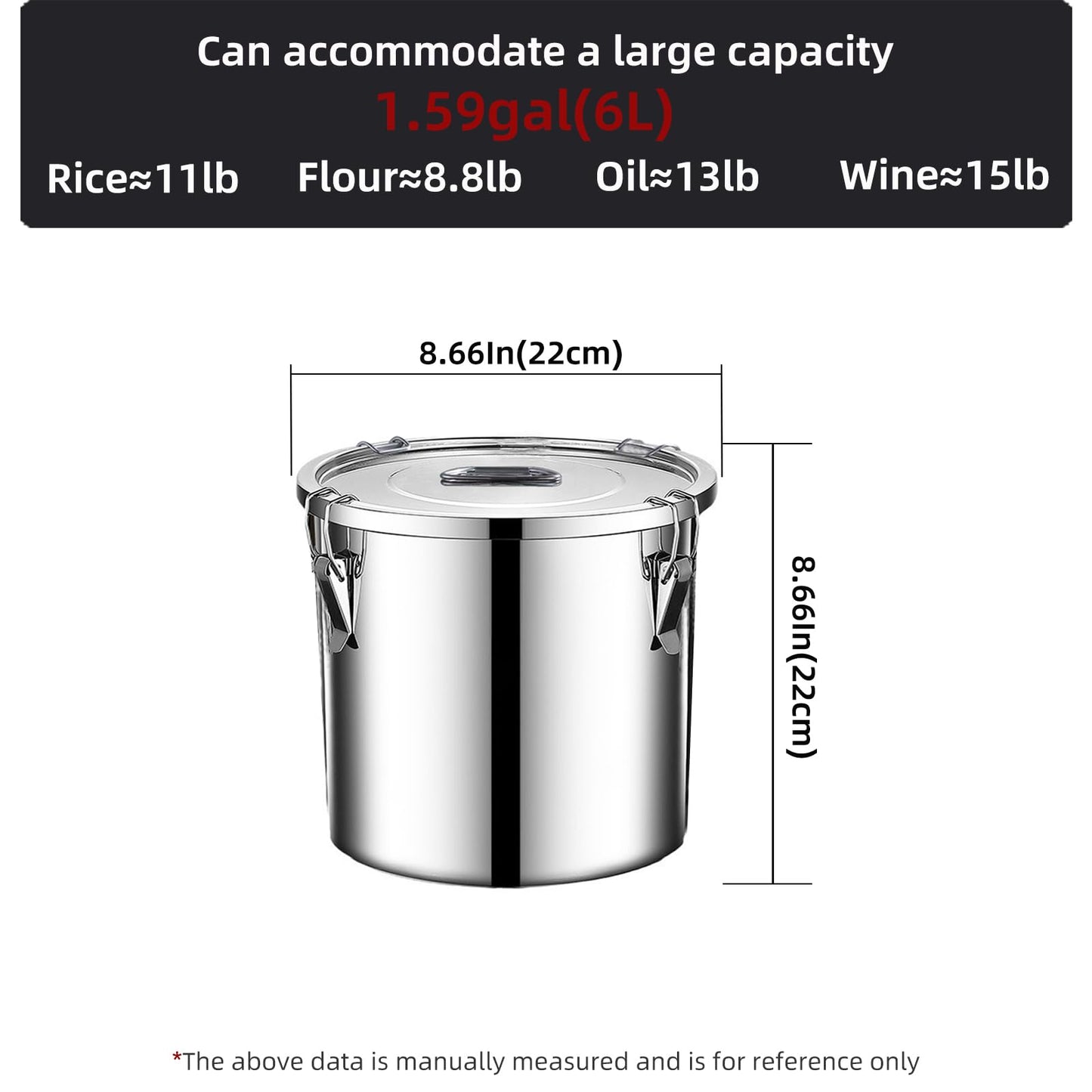 Verdeho stainless steel food storage containers with lids lock clips airtight container large airtight for rice flour sugar grain coffee bean storage containers Kitchen jar (1.59gal/6L)