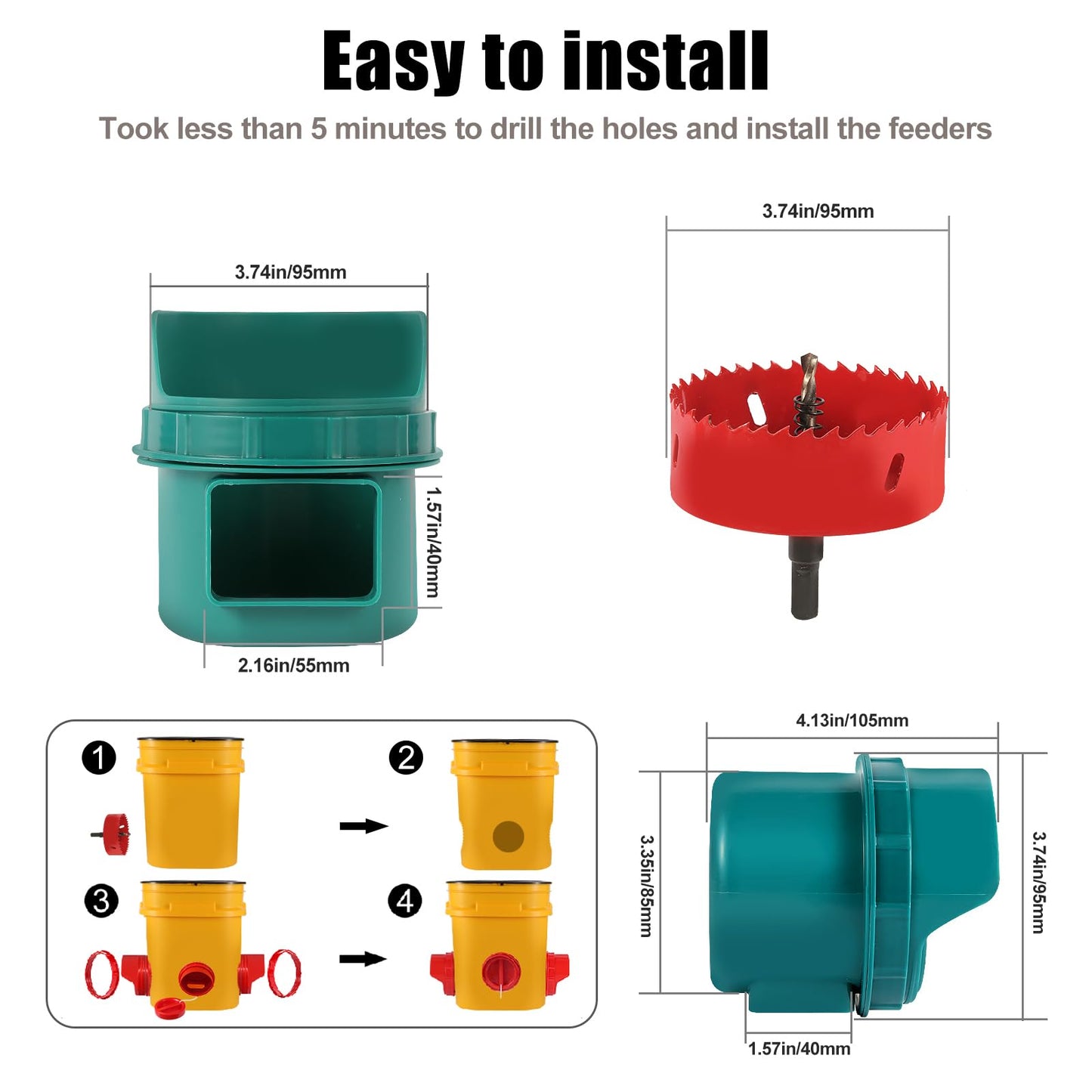 No Waste Chicken Feeder Port Large, DIY Automatic Poultry Feeder Kit for Chicken, Quail, Duck, Goose, Turkey (Pack of 6)
