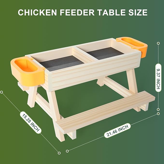 Chicken Feeder Picnic Table No Waste Wooden Picnic Table with Water Bowls Chicken Coop Accessories for Poultry Chicks, Duck, Goose, Squirrel,Turkey