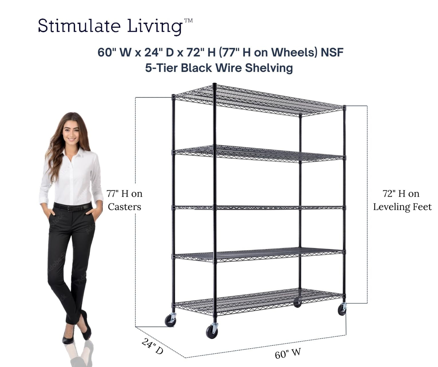 60"x24"x72" PRIME HEAVY DUTY Black 5-Tier Wire Shelving NSF 3000 LBS MAX Capacity Storage Rack for Commercial, School, Home, Garage, Warehouse, Industrial, and Hospital Uses (with Wheels)