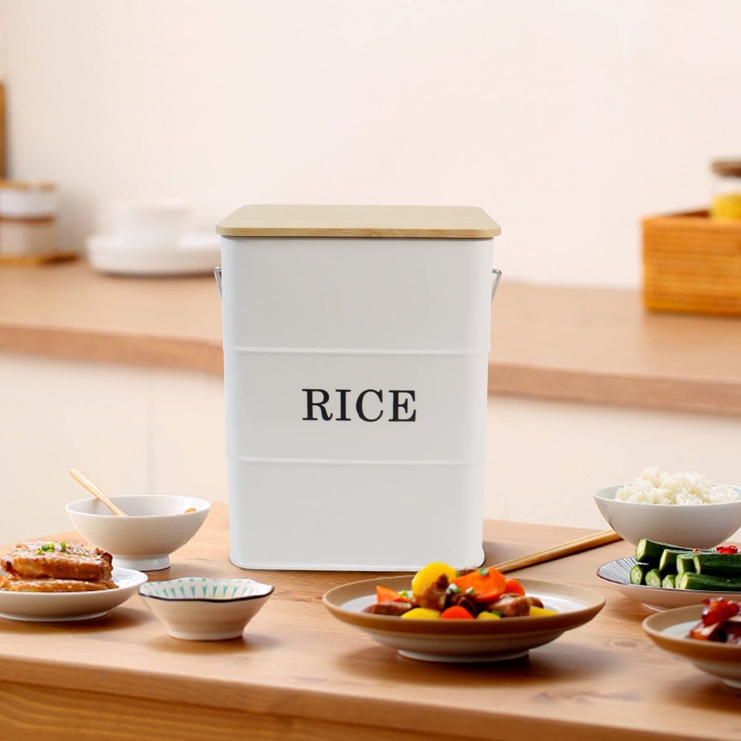Gdfjiy Rice Container Metal Rice Storage Bin, Rice Storage Box with Airtight Bamboo Lid & Scoop, Food Storage Container for Rice Flour Soybean Grain Cereal (White)