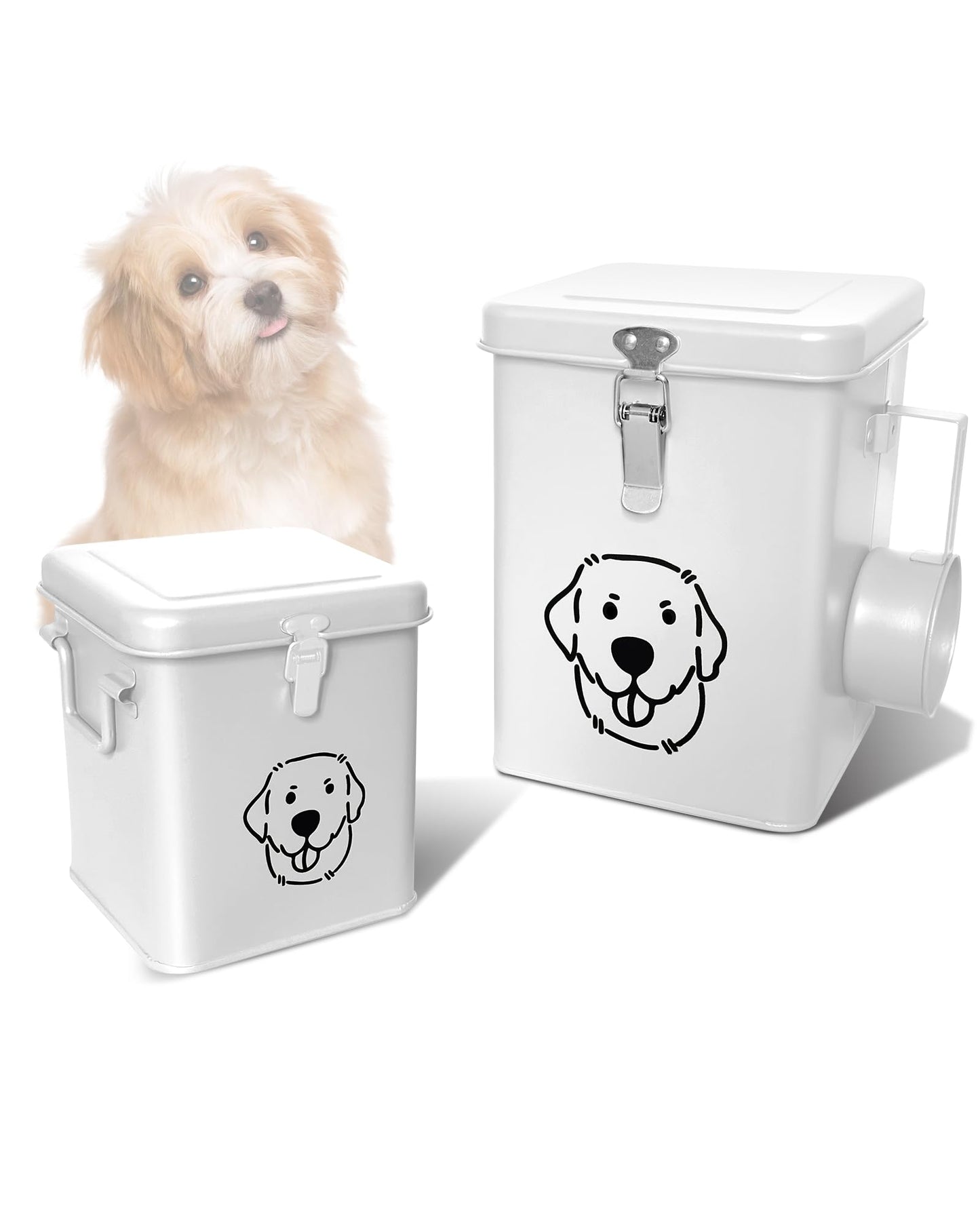 HHGFCLTRS Dog Food Storage Container Airtight Dog Treat Container Pet Food Storage Containers Dog Treat Jar Tinplate Dog Treat Bin White