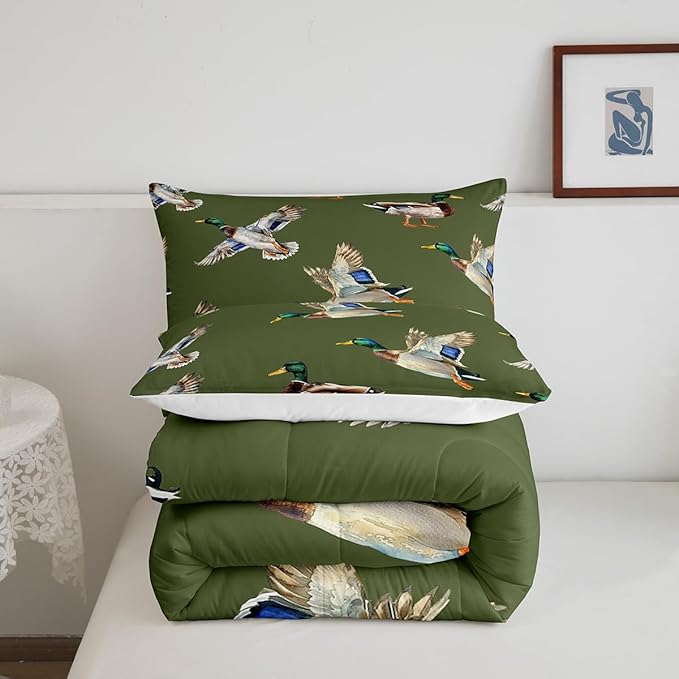 jejeloiu Cute Mallard Duck Comforter Set King Size Kids Wild Duck Hunting Comforter for Boys Teens Hunting and Fishing 3D Wild Animal Bedding Set Green Duvet Set Room Decor Quilt Set