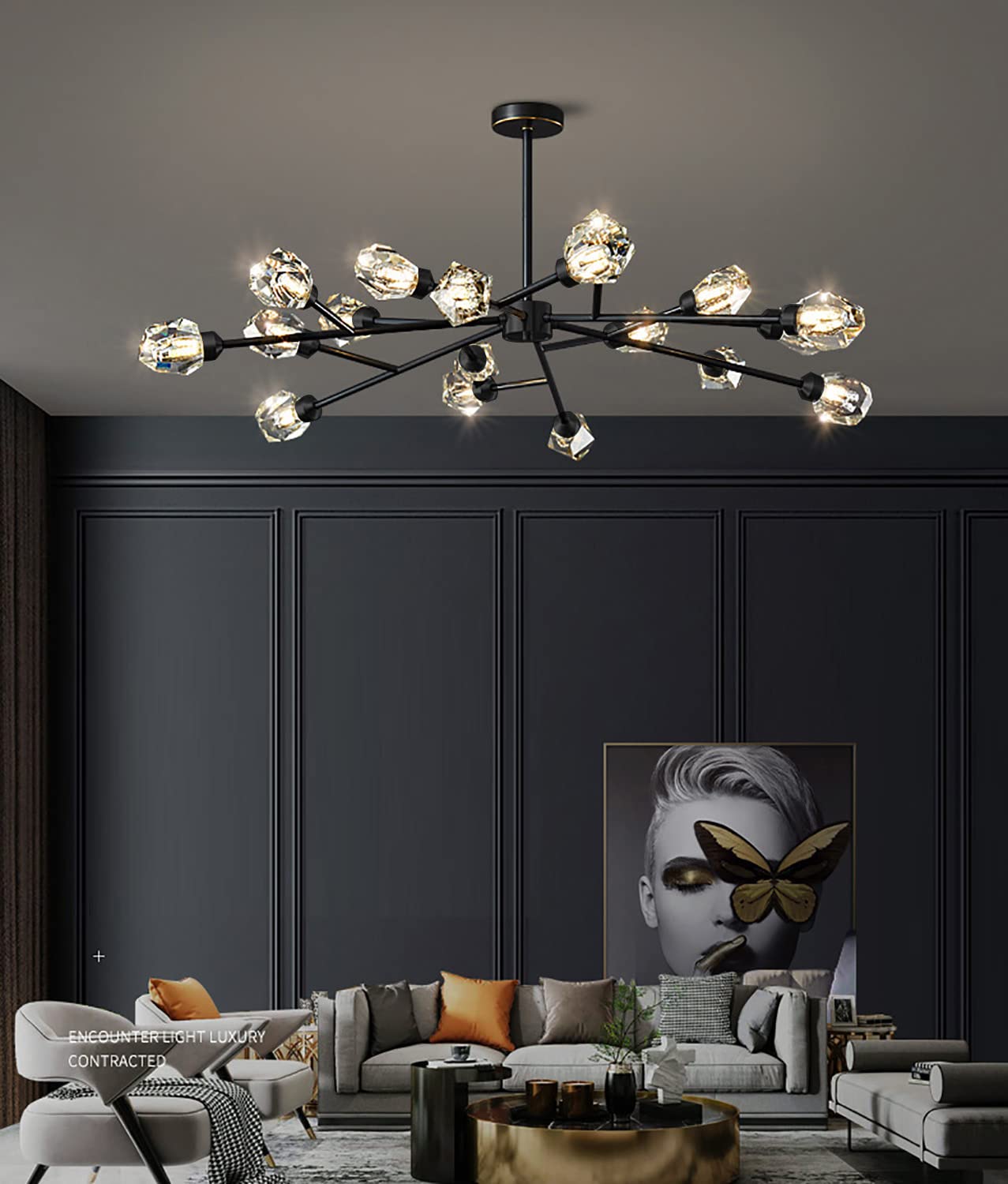 Modern Chandelier Ceiling Light Fixture Sputnik Crystal Chandeliers Black Farmhouse Chandelier Over Table 15-Light Height Adjustable Chandeliers for Dining Room, Living Room,Kitchen Island