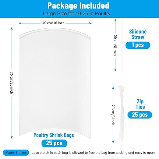 Large Turkey Shrink Bags, Pack of 25, 16"x 30" Clear Poultry Bags, Heat Wrap Freezer BPA Free Food Safe Storage for Turkeys, Chickens, Rabbits, With 25 Zip Ties and Silicone Straw