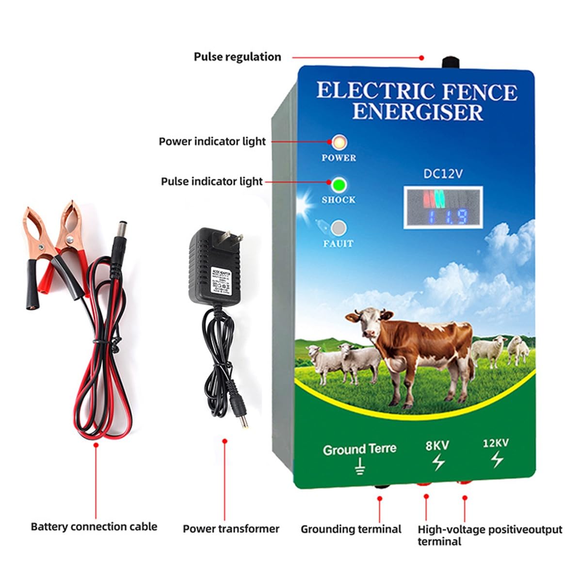 6 Mile Electronic Fence Charger, DC/AC/Solar Electric Fence Energizer, VQP 8KV 12KV 2J Output with LED Display for Large Wildlife Cattle Horses Goats Livestock Poultry Garden Orchard Ranch