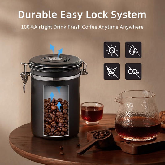 Joywoof Airtight Stainless Steel Coffee Canister,1.8L Coffee Bean Storage Container with Date Tracker and Scoop for Coffee Beans, Grounds, Tea, Flour, Cereal, Sugar, Large (Black)