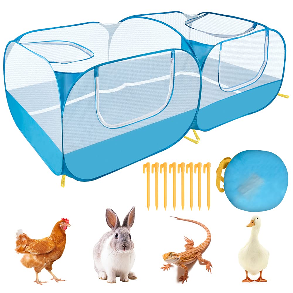 SlowTon Small Animals Playpen, Portable Large Chicken Run Coop with Detachable Bottom Breathable Transparent Mesh Walls, Foldable Pet Enclosure for Puppy Kitten Rabbits Indoor Outdoor(BL,Flat Top)